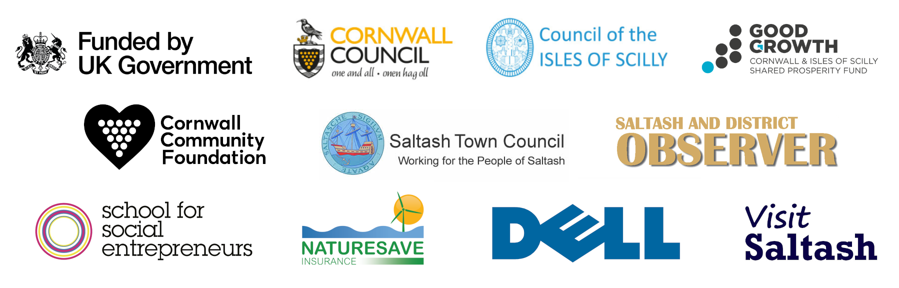 Saltash Studios funder and supporter logos: Cornwall Council, Cornwall & Isles of Scilly Good Growth Fund, Cornwall Community Foundation, Saltash Observer, School for Social Entrepreneurs, The Nature Save Trust, Dell, Visit Saltash.